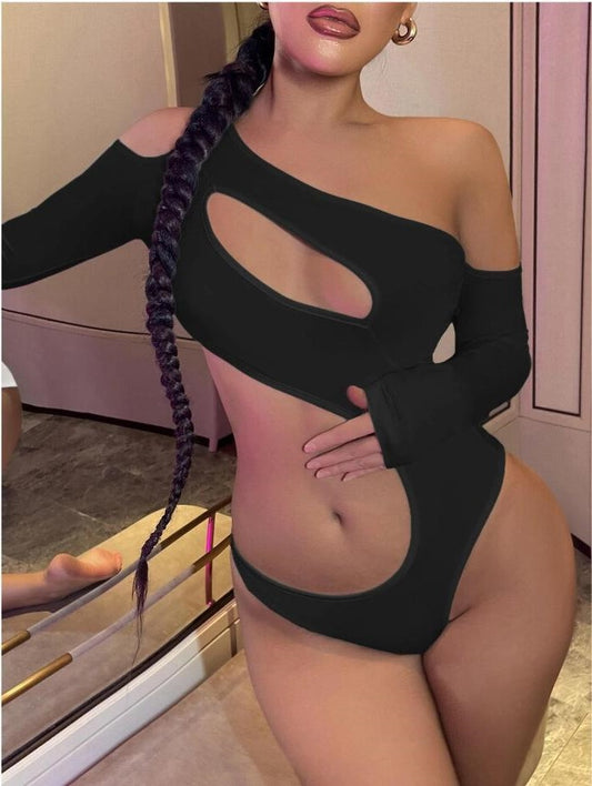 Long Sleeve Crop Top Sexy Spicy Girl  Solid Color Slim Off-Shoulder Women's Jumpsuit Fitted Top Thin