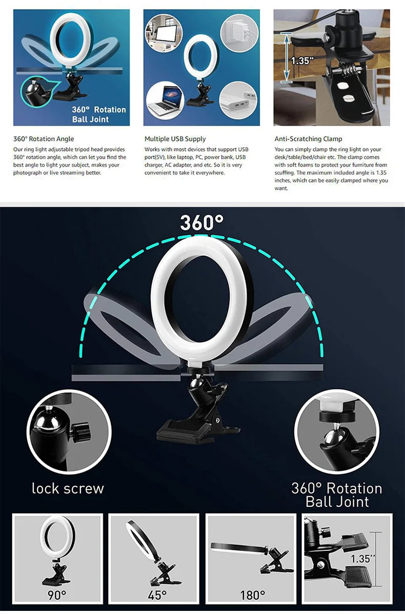 Selfie Ring Light for Laptop Computer Desktop Youtube Ring Lamp Video Conference Lighting Kit With Tripod Phone Holder Clip On