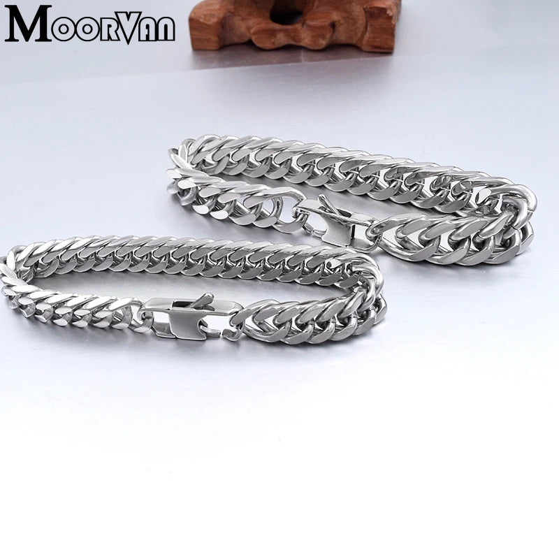 Moorvan Christmas Gift New Stainless Steel Men bracelet Trendy Style,21cm 10mm Bracelet Boys Women Wholesale Jewelry