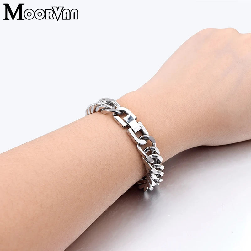 Moorvan Christmas Gift New Stainless Steel Men bracelet Trendy Style,21cm 10mm Bracelet Boys Women Wholesale Jewelry