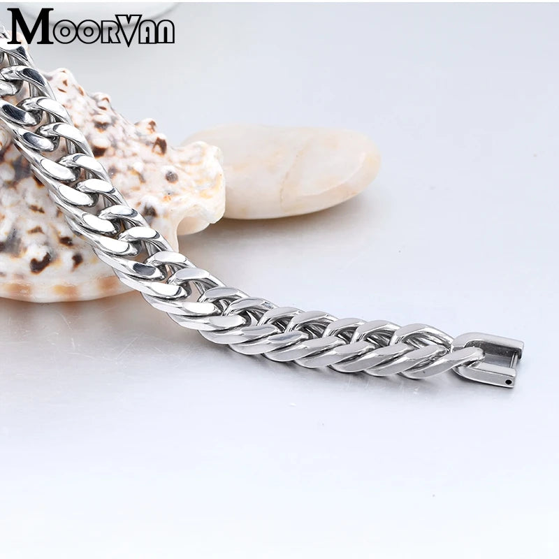 Moorvan Christmas Gift New Stainless Steel Men bracelet Trendy Style,21cm 10mm Bracelet Boys Women Wholesale Jewelry