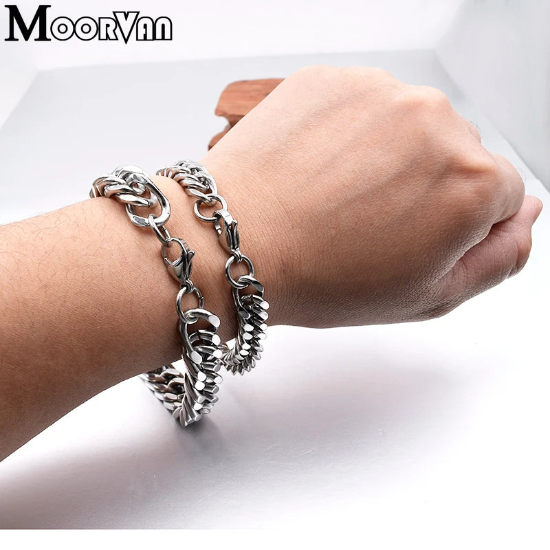 Moorvan Christmas Gift New Stainless Steel Men bracelet Trendy Style,21cm 10mm Bracelet Boys Women Wholesale Jewelry