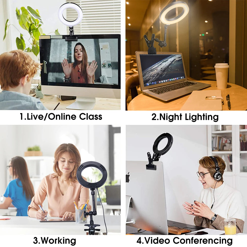 Selfie Ring Light for Laptop Computer Desktop Youtube Ring Lamp Video Conference Lighting Kit With Tripod Phone Holder Clip On