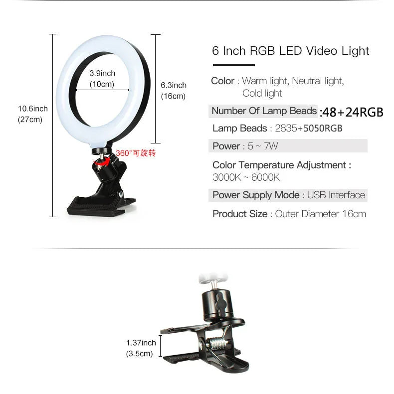 Selfie Ring Light for Laptop Computer Desktop Youtube Ring Lamp Video Conference Lighting Kit With Tripod Phone Holder Clip On