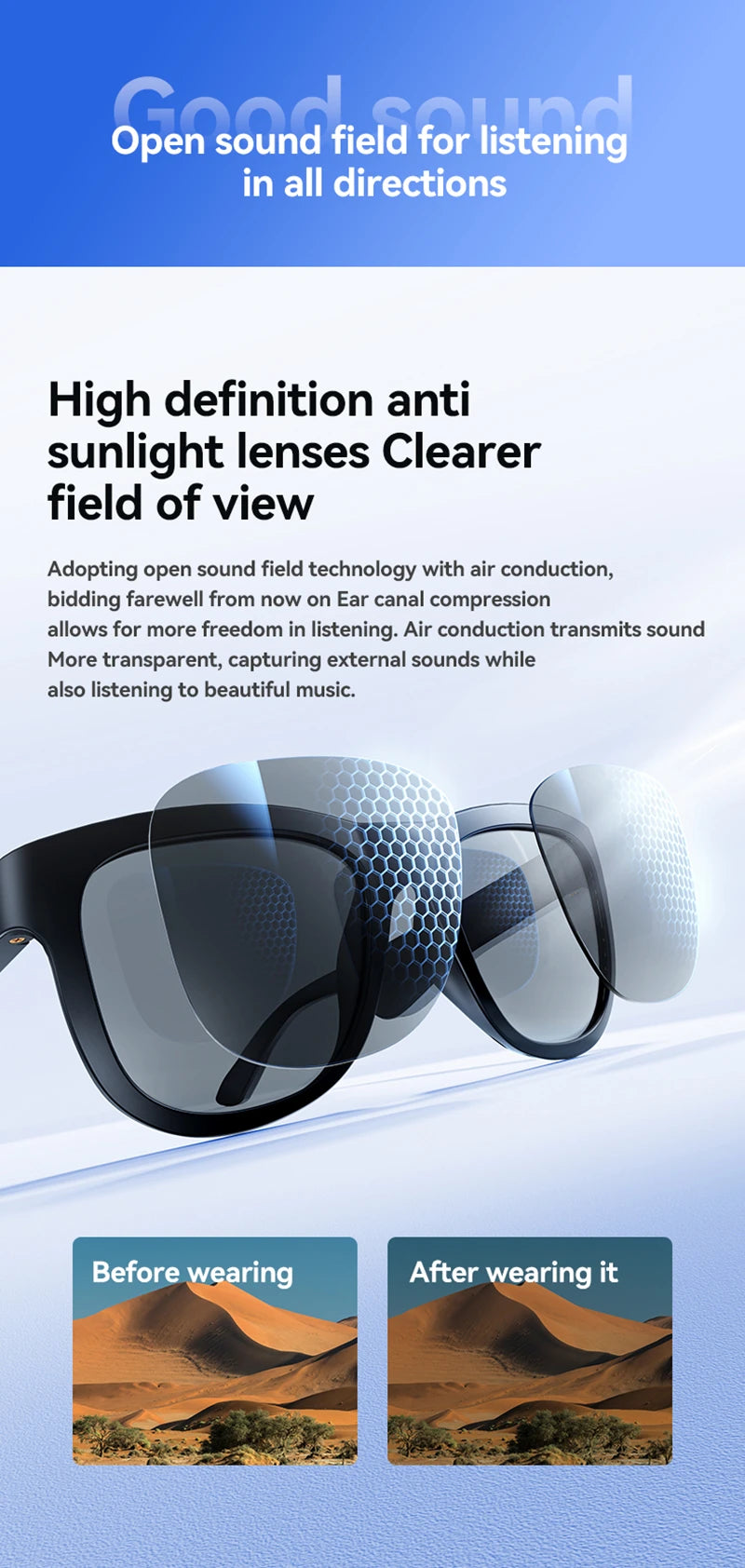 Wireless Smart Sunglasses Anti Blue Light & AI Translator Bluetooth 6.0 Glasses For Music Calls Open Audio Design Lightweight