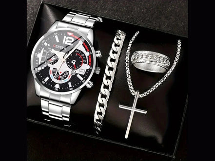 4pcs gold alloy Roman with calendar men's quartz watch and cross necklace bracelet ring set selected gift - Simply Just Deals LLC