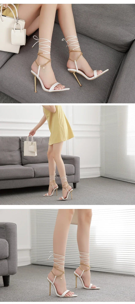 Sexy Pointed Head Peep Toe Stiletto Sandals for Women Chain Ankle Straps Roman Shoes Summer Thin High Heels Party Sandalias - Simply Just Deals LLC