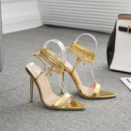 Sexy Pointed Head Peep Toe Stiletto Sandals for Women Chain Ankle Straps Roman Shoes Summer Thin High Heels Party Sandalias - Simply Just Deals LLC