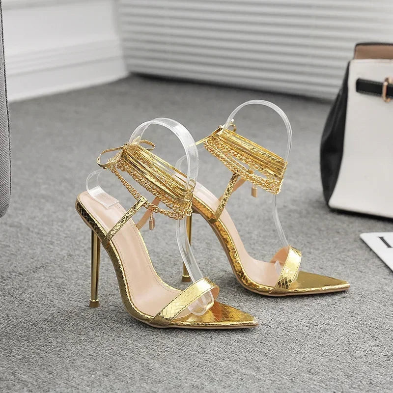 Sexy Pointed Head Peep Toe Stiletto Sandals for Women Chain Ankle Straps Roman Shoes Summer Thin High Heels Party Sandalias - Simply Just Deals LLC