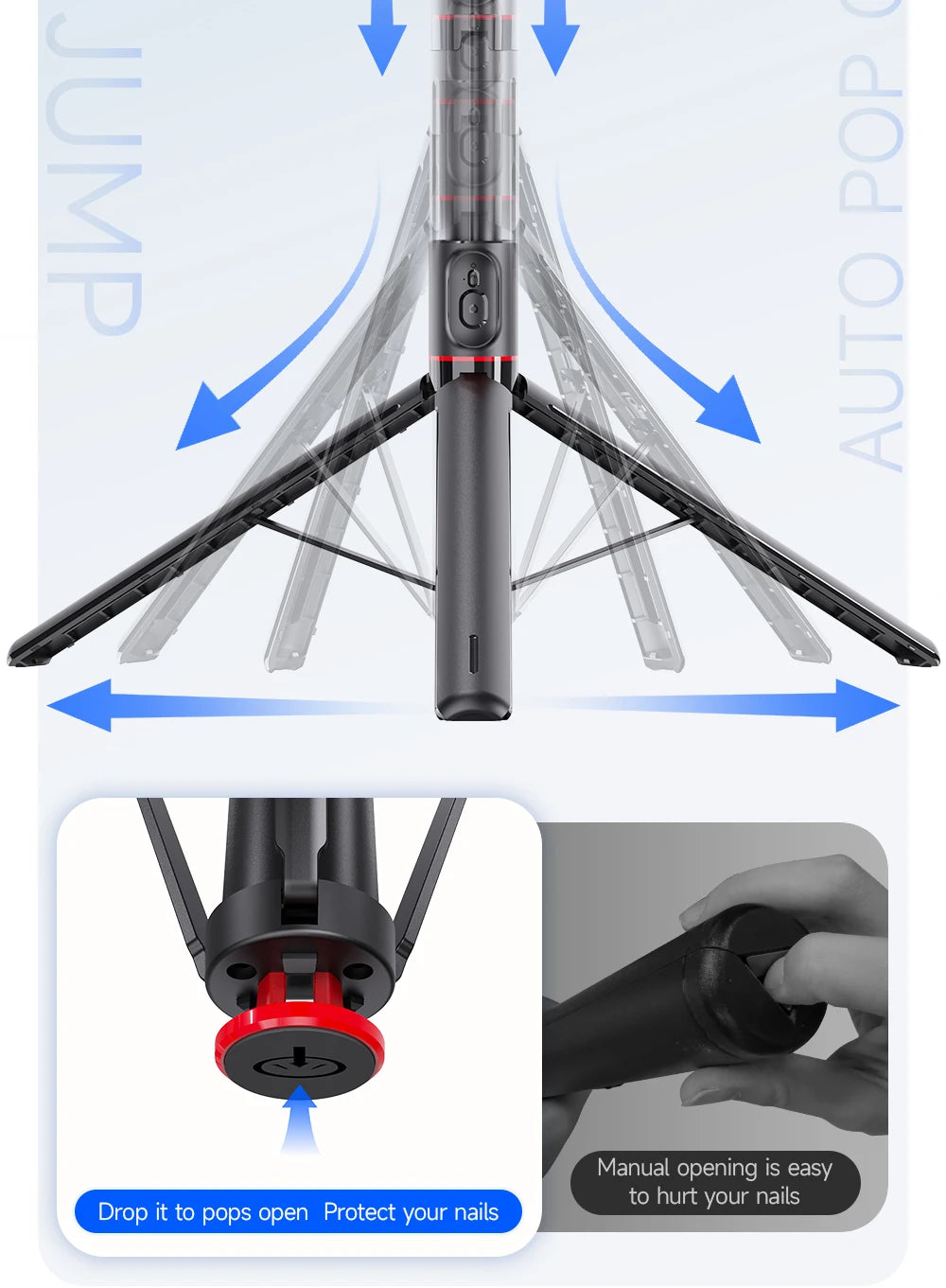 TT01 Portable 70 Inch All-in-one Auto Pop Open Tripod Bluetooth Remote Tripod Bounce Selfie Stick Phone Holder for Vlog/Video