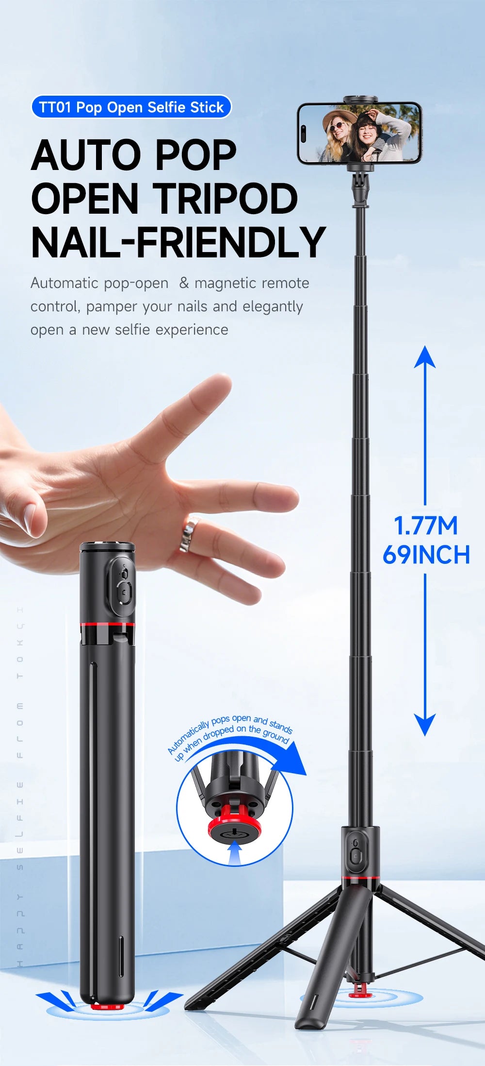 TT01 Portable 70 Inch All-in-one Auto Pop Open Tripod Bluetooth Remote Tripod Bounce Selfie Stick Phone Holder for Vlog/Video