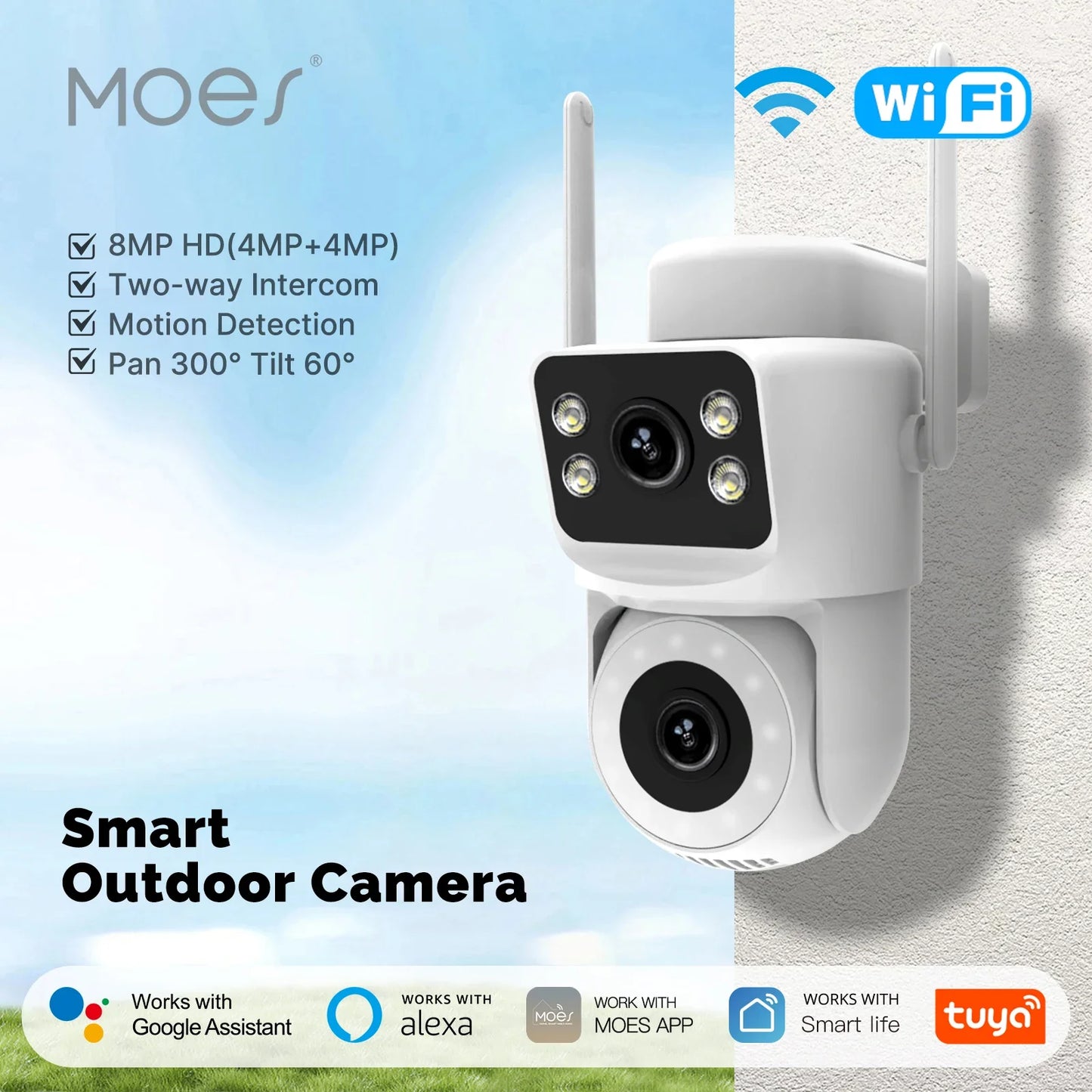 Moes Tuya Smart WiFi Outdoor Security Camera 4MP Dual Screen 2.4G/5G IP65 Waterproof Motion Detection Auto Track Two-Way Audio