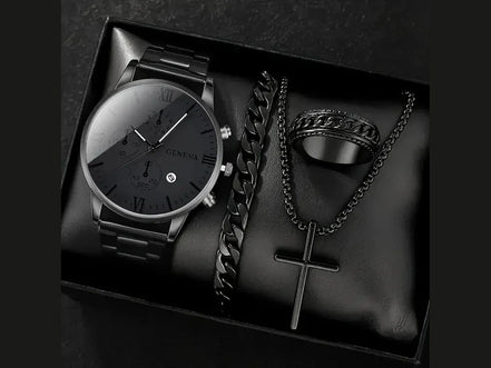 4pcs Luxury Men Business Quartz Watch Gold Alloy Roman with Calendar Wrist Watch Cross Necklace Bracelet Ring Set Men's Gift - Simply Just Deals LLC
