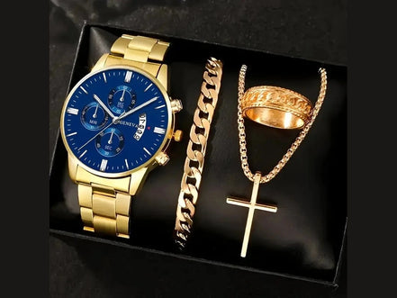 4pcs Luxury Men Business Quartz Watch Gold Alloy Roman with Calendar Wrist Watch Cross Necklace Bracelet Ring Set Men's Gift - Simply Just Deals LLC