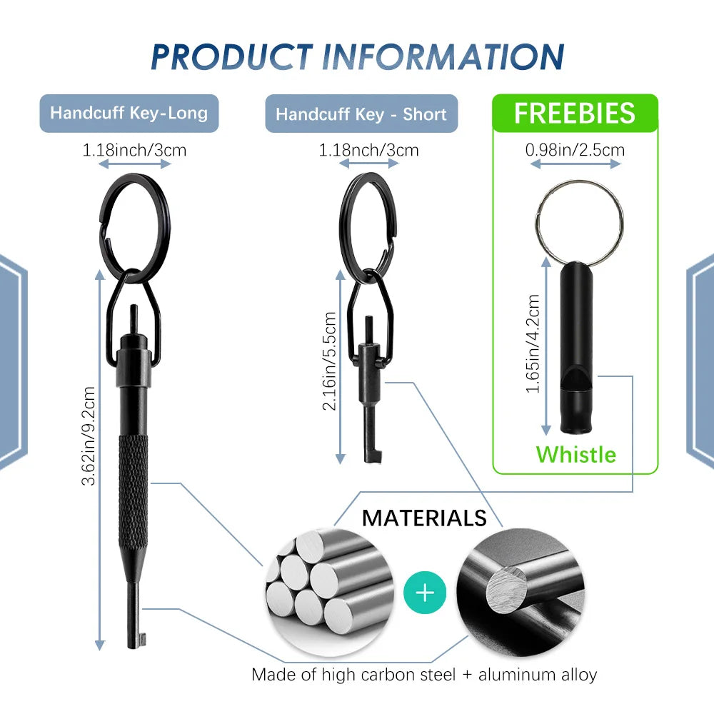 Handcuff key set, 1 long handle key + 1 short handle key, made of high carbon steel, comes with a survival whistle for signaling