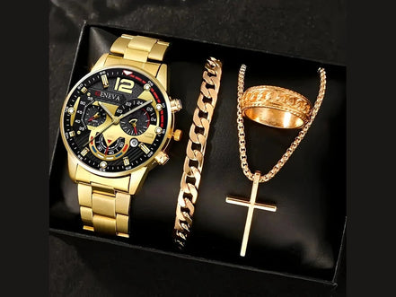 4pcs Luxury Men Business Quartz Watch Gold Alloy Roman with Calendar Wrist Watch Cross Necklace Bracelet Ring Set Men's Gift - Simply Just Deals LLC