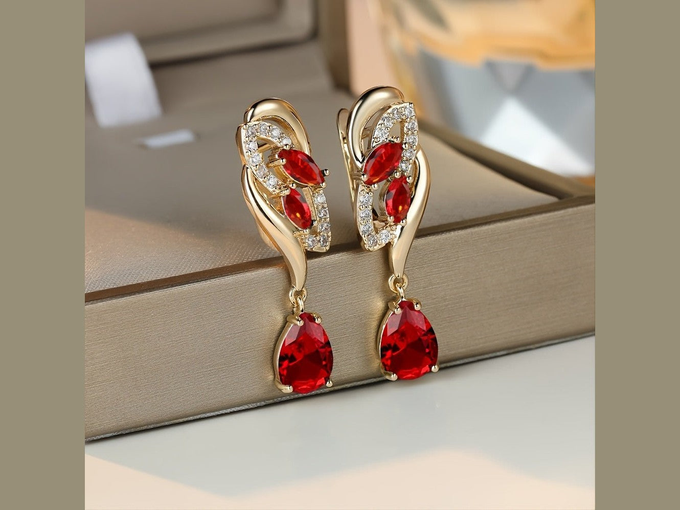 ANGOL Romantic Flower Dangle Earrings for Women - Golden - Tone Floral Design with Red & Clear Synthetic Gemstones, Elegant Party & Everyday Jewelry Gifts - Simply Just Deals LLCANGOL Romantic Flower Dangle Earrings for Women - Golden - Tone Floral Design with Red & Clear Synthetic Gemstones, Elegant Party & Everyday Jewelry Gifts19308RedANGOL Romantic Flower Dangle Earrings for Women - Golden - Tone Floral Design with Red & Clear Synthetic Gemstones, Elegant Party & Everyday Jewelry Gifts