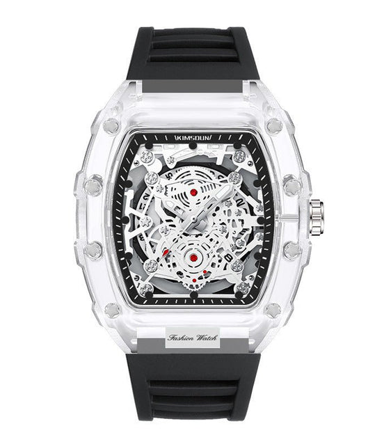 Cross - border Watch Unique Barrel - shaped Quartz Watch Fashion Transparent Men's Watch Waterproof Wristwatch - Simply Just Deals LLCCross - border Watch Unique Barrel - shaped Quartz Watch Fashion Transparent Men's Watch Waterproof Wristwatch259EED2B6184443B9D89A8C03729D07ATransparent Black Face - Black StrapCross - border Watch Unique Barrel - shaped Quartz Watch Fashion Transparent Men's Watch Waterproof Wristwatch