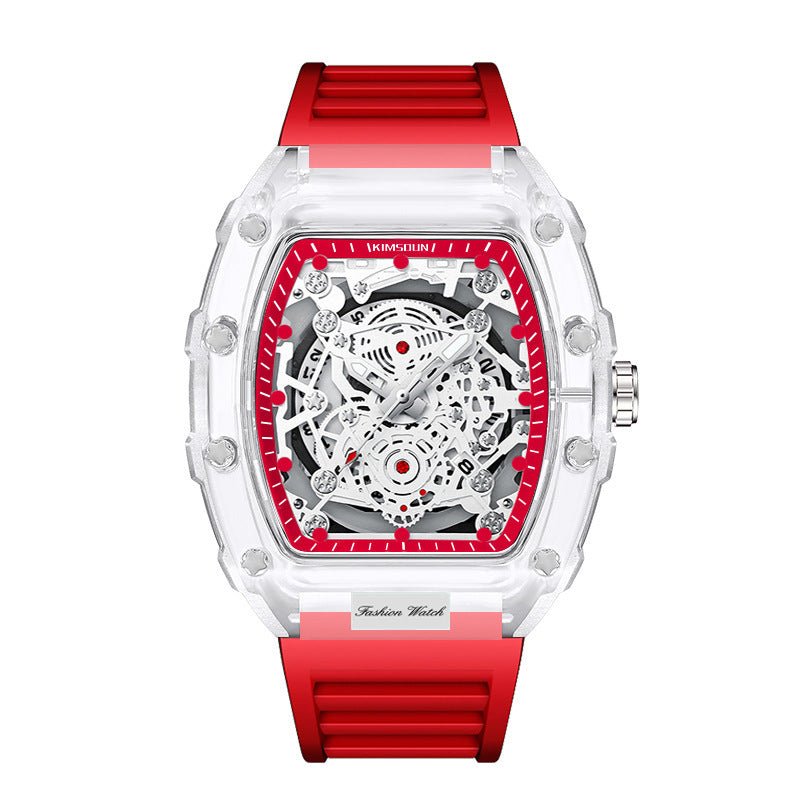 Cross - border Watch Unique Barrel - shaped Quartz Watch Fashion Transparent Men's Watch Waterproof Wristwatch - Simply Just Deals LLCCross - border Watch Unique Barrel - shaped Quartz Watch Fashion Transparent Men's Watch Waterproof WristwatchFBC7D335713347DF9D51FAAC0043F0FATransparent Red Face - Red StrapCross - border Watch Unique Barrel - shaped Quartz Watch Fashion Transparent Men's Watch Waterproof Wristwatch