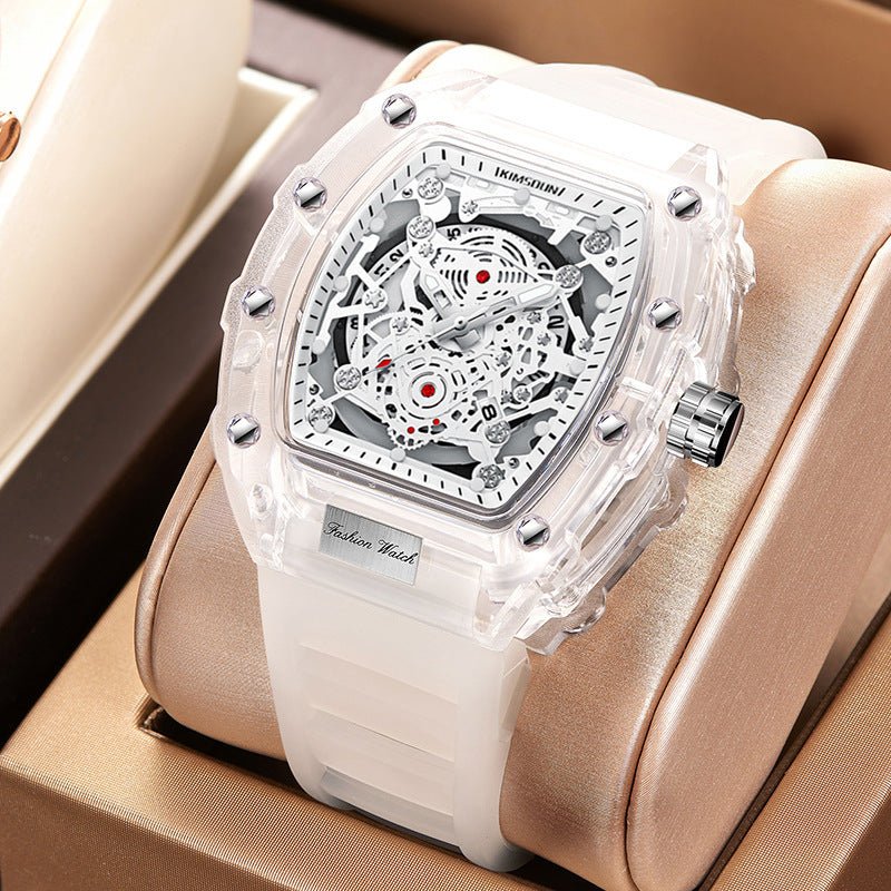 Cross - border Watch Unique Barrel - shaped Quartz Watch Fashion Transparent Men's Watch Waterproof Wristwatch - Simply Just Deals LLCCross - border Watch Unique Barrel - shaped Quartz Watch Fashion Transparent Men's Watch Waterproof WristwatchBA883DB336F14C879466CE9F096E0E53Transparent White Surface - White StrapCross - border Watch Unique Barrel - shaped Quartz Watch Fashion Transparent Men's Watch Waterproof Wristwatch