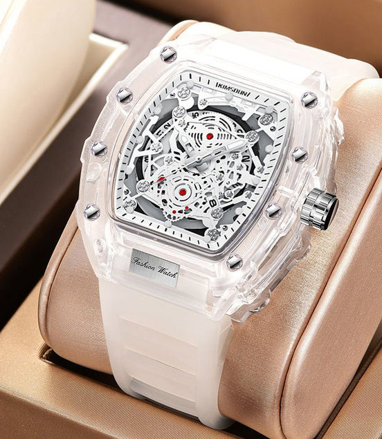 Cross - border Watch Unique Barrel - shaped Quartz Watch Fashion Transparent Men's Watch Waterproof Wristwatch - Simply Just Deals LLCCross - border Watch Unique Barrel - shaped Quartz Watch Fashion Transparent Men's Watch Waterproof WristwatchBA883DB336F14C879466CE9F096E0E53Transparent White Surface - White StrapCross - border Watch Unique Barrel - shaped Quartz Watch Fashion Transparent Men's Watch Waterproof Wristwatch