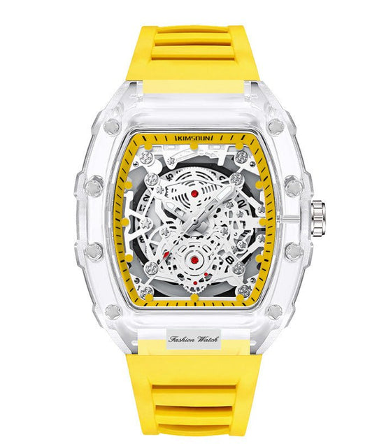 Cross - border Watch Unique Barrel - shaped Quartz Watch Fashion Transparent Men's Watch Waterproof Wristwatch - Simply Just Deals LLCCross - border Watch Unique Barrel - shaped Quartz Watch Fashion Transparent Men's Watch Waterproof WristwatchBC28E459E259496094DC851871606CB5Transparent Yellow Face - Yellow StrapCross - border Watch Unique Barrel - shaped Quartz Watch Fashion Transparent Men's Watch Waterproof Wristwatch