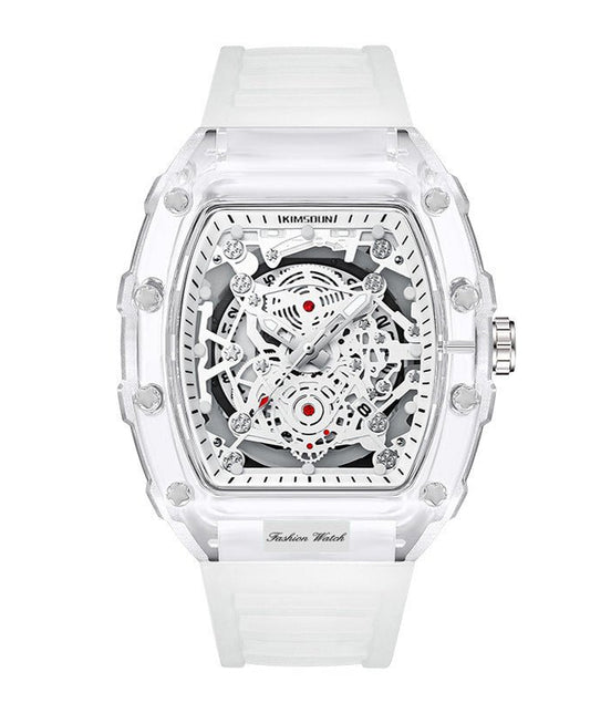 Cross - border Watch Unique Barrel - shaped Quartz Watch Fashion Transparent Men's Watch Waterproof Wristwatch - Simply Just Deals LLCCross - border Watch Unique Barrel - shaped Quartz Watch Fashion Transparent Men's Watch Waterproof WristwatchBA883DB336F14C879466CE9F096E0E53Transparent White Surface - White StrapCross - border Watch Unique Barrel - shaped Quartz Watch Fashion Transparent Men's Watch Waterproof Wristwatch