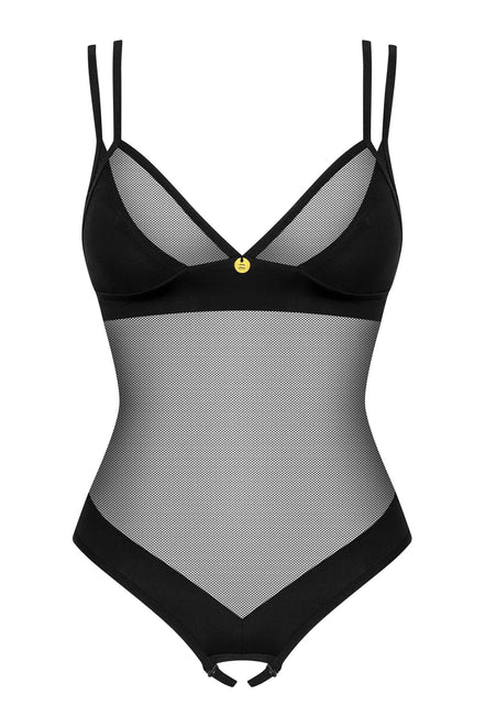 Crotchless Mesh Black Teddy: Obsessive Lingerie Ultimate Allure - Simply Just Deals LLCCrotchless Mesh Black Teddy: Obsessive Lingerie Ultimate AllureTeddyOB11090-BK-XS/SXS/SThe Crotchless Mesh Black Teddy: Obsessive Lingerie Ultimate Allure features double shoulder straps, sheer mesh panels, solid black trim, a gold front accent, and open - crotch detailing for an irresistible and seductive look.