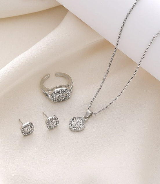 Diamond Geometric Necklace Ring Earrings 3 - piece Set - Simply Just Deals LLCDiamond Geometric Necklace Ring Earrings 3 - piece Set0CJLX210516202BYCK0107 SilverDiamond Geometric Necklace Ring Earrings 3 - piece Set