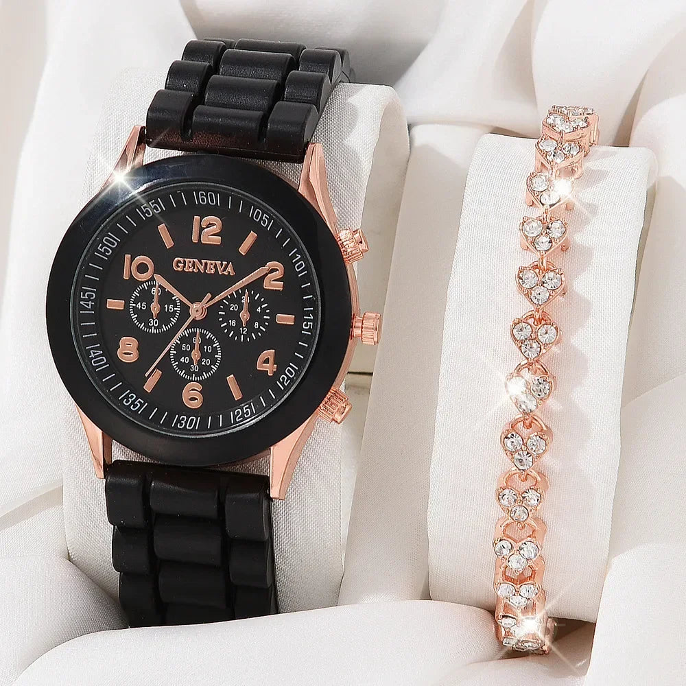 5/6PCS Women Watches Fashion Silicone Band Women Quartz Watches Jewelry Set Reloj Mujer Girls Clock Gift (Without Box)