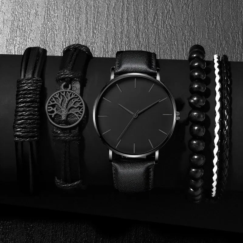 5PCS Set Fashion Mens Sports Watches Man Business Quartz Wristwatch Luxury Leather Bracelet Men Casual Clock Watch - Simply Just Deals LLC