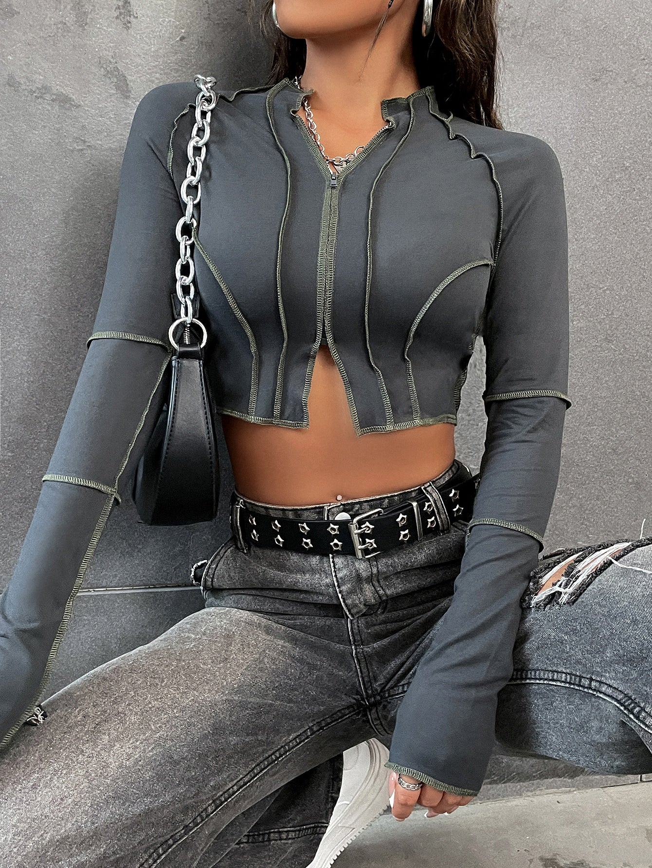 Flirla Top - Stitching Raglan Sleeve Zipper Crop Tee Fall Cloth for Women - Simply Just Deals LLCFlirla Top - Stitching Raglan Sleeve Zipper Crop Tee Fall Cloth for Womendb6c7966-f86d-4b87-a99d-65b49ae9ecbcDark GreyLFlirla Top - Stitching Raglan Sleeve Zipper Crop Tee Fall Cloth for Women