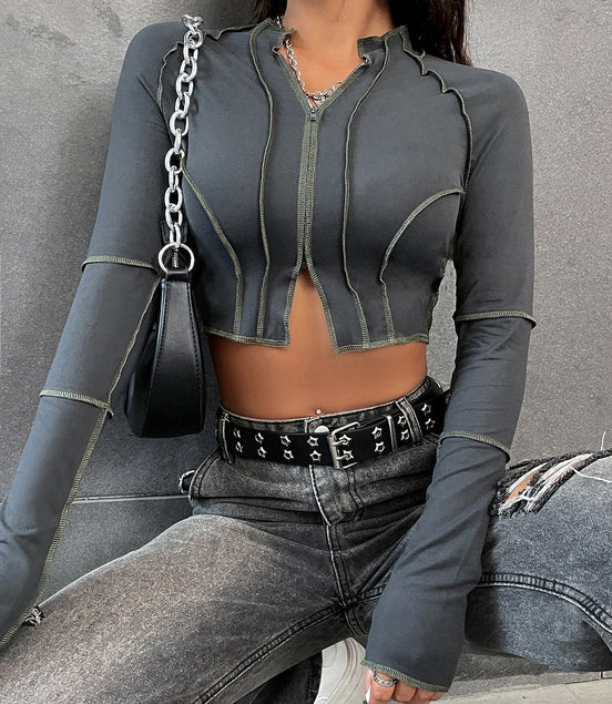 Flirla Top - Stitching Raglan Sleeve Zipper Crop Tee Fall Cloth for Women - Simply Just Deals LLCFlirla Top - Stitching Raglan Sleeve Zipper Crop Tee Fall Cloth for Womendb6c7966-f86d-4b87-a99d-65b49ae9ecbcDark GreyLFlirla Top - Stitching Raglan Sleeve Zipper Crop Tee Fall Cloth for Women