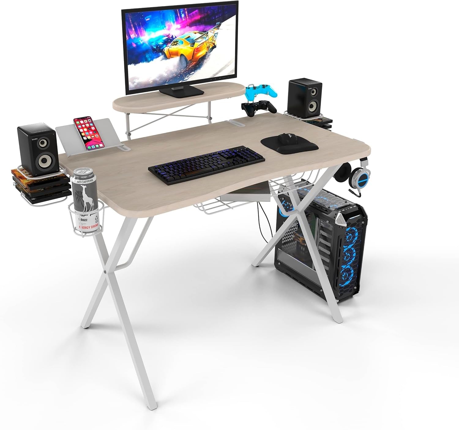 Gaming Desk Pro – Woodgrain Laminated Desktop, Heavy - Duty X - Legs, Detachable Monitor Platform, Tablet/Cell Phone Holder, Speaker Stands, Console Controller Rack, PN 33908142 - White - Simply Just Deals LLCGaming Desk Pro – Woodgrain Laminated Desktop, Heavy - Duty X - Legs, Detachable Monitor Platform, Tablet/Cell Phone Holder, Speaker Stands, Console Controller Rack, PN 33908142 - White046bc526-93f0-4103-b1e3-b93a834a7d0dGaming Desk Pro – Woodgrain Laminated Desktop, Heavy - Duty X - Legs, 