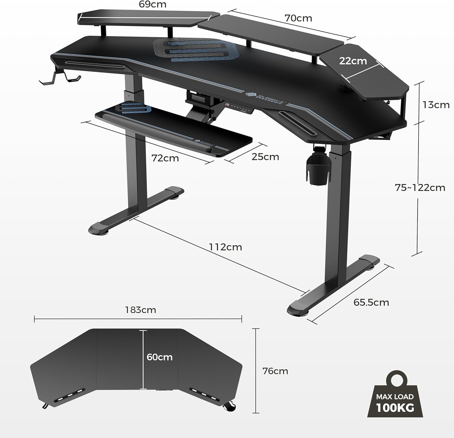Gaming Desk, Standing Desk W Keyboard Tray, 72