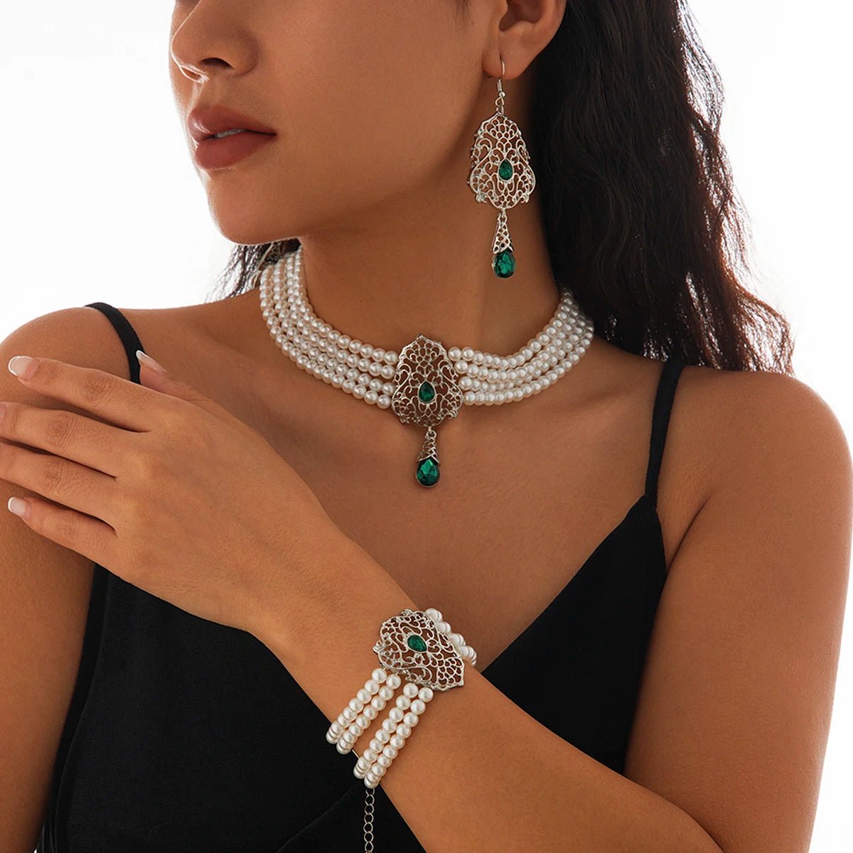 KunJoe Luxury Multilayer Imitation Pearl Necklace Bracelet Earring Women Water Drop Green Rhinestone Choker Wedding Jewelry Set - Simply Just Deals LLCKunJoe Luxury Multilayer Imitation Pearl Necklace Bracelet Earring Women Water Drop Green Rhinestone Choker Wedding Jewelry Set200001033:2000037570505KunJoe Luxury Multilayer Imitation Pearl Necklace Bracelet Earring Women Water Drop Green Rhinestone Choker Wedding Jewelry Set