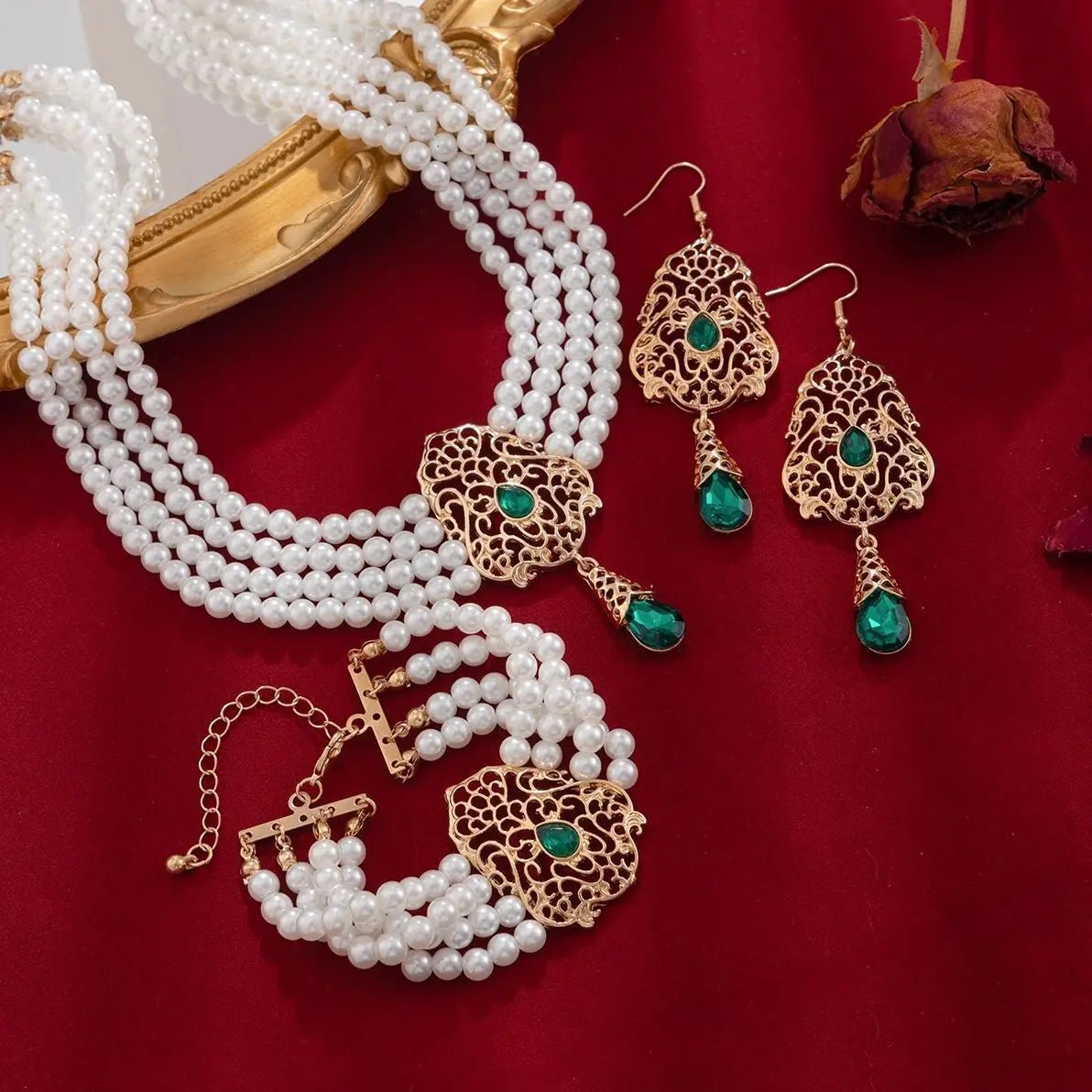 KunJoe Luxury Multilayer Imitation Pearl Necklace Bracelet Earring Women Water Drop Green Rhinestone Choker Wedding Jewelry Set - Simply Just Deals LLCKunJoe Luxury Multilayer Imitation Pearl Necklace Bracelet Earring Women Water Drop Green Rhinestone Choker Wedding Jewelry Set200001033:2000037570505KunJoe Luxury Multilayer Imitation Pearl Necklace Bracelet Earring Women Water Drop Green Rhinestone Choker Wedding Jewelry Set