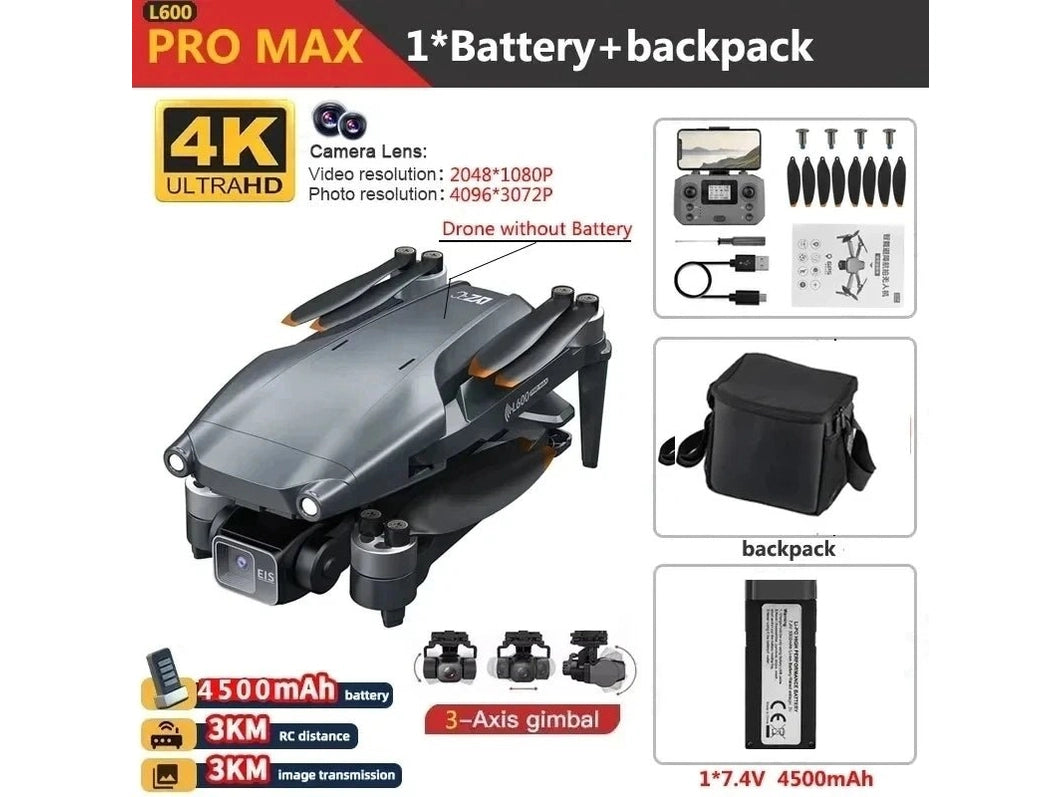 L600 PRO MAX GPS Drone Professional 4K 3 - Axis PTZ HD Dual Camera Obstacle Avoidance Brushless Motor 5G WIFI RC Quadcopter Toys - Simply Just Deals LLCL600 PRO MAX GPS Drone Professional 4K 3 - Axis PTZ HD Dual Camera Obstacle Avoidance Brushless Motor 5G WIFI RC Quadcopter ToysAircrafts and War Planes1429PROMAXOAS4K1BPRO MAX OAS 4K 1BL600 PRO MAX GPS Drone Professional 4K 3 - Axis PTZ HD Dual Camera Obstacle Avoidance Brushless Motor 5G WIFI RC Quadcopter Toys