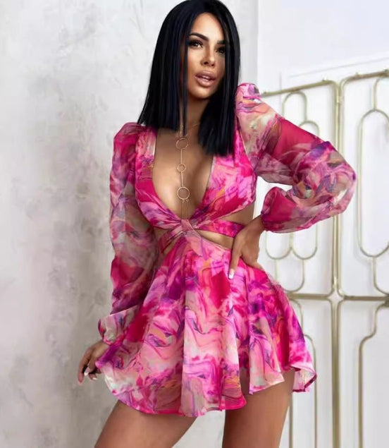 Lantern Sleeve Printed Waist Hollow - out Jumpsuit - Simply Just Deals LLCLantern Sleeve Printed Waist Hollow - out Jumpsuit0CJYD244781301AZSRose RedLantern Sleeve Printed Waist Hollow - out Jumpsuit