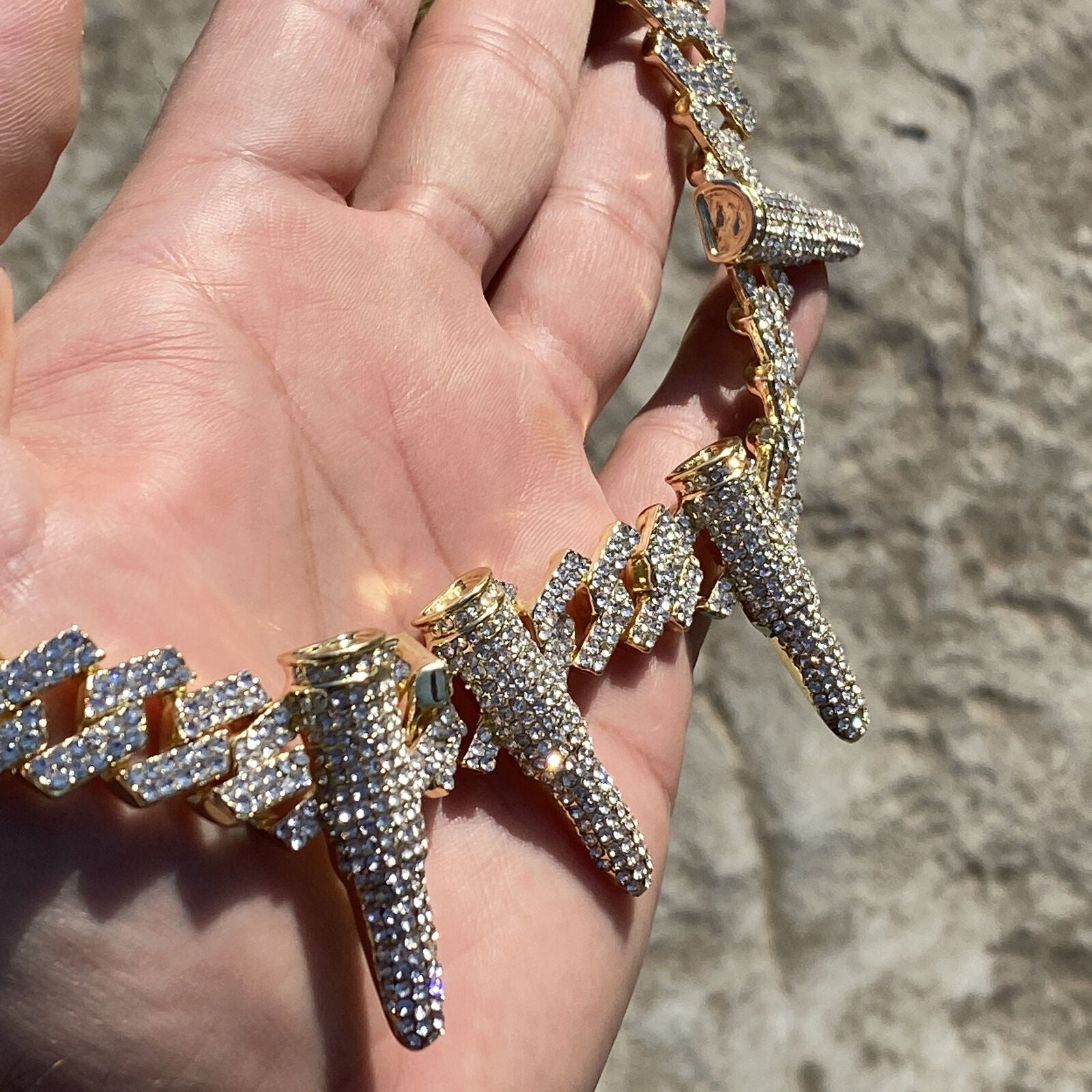 Mens 14K Gold Plated Six Bullet Spike Iced Bullets Pendant CZ Hip Hop Chain 20