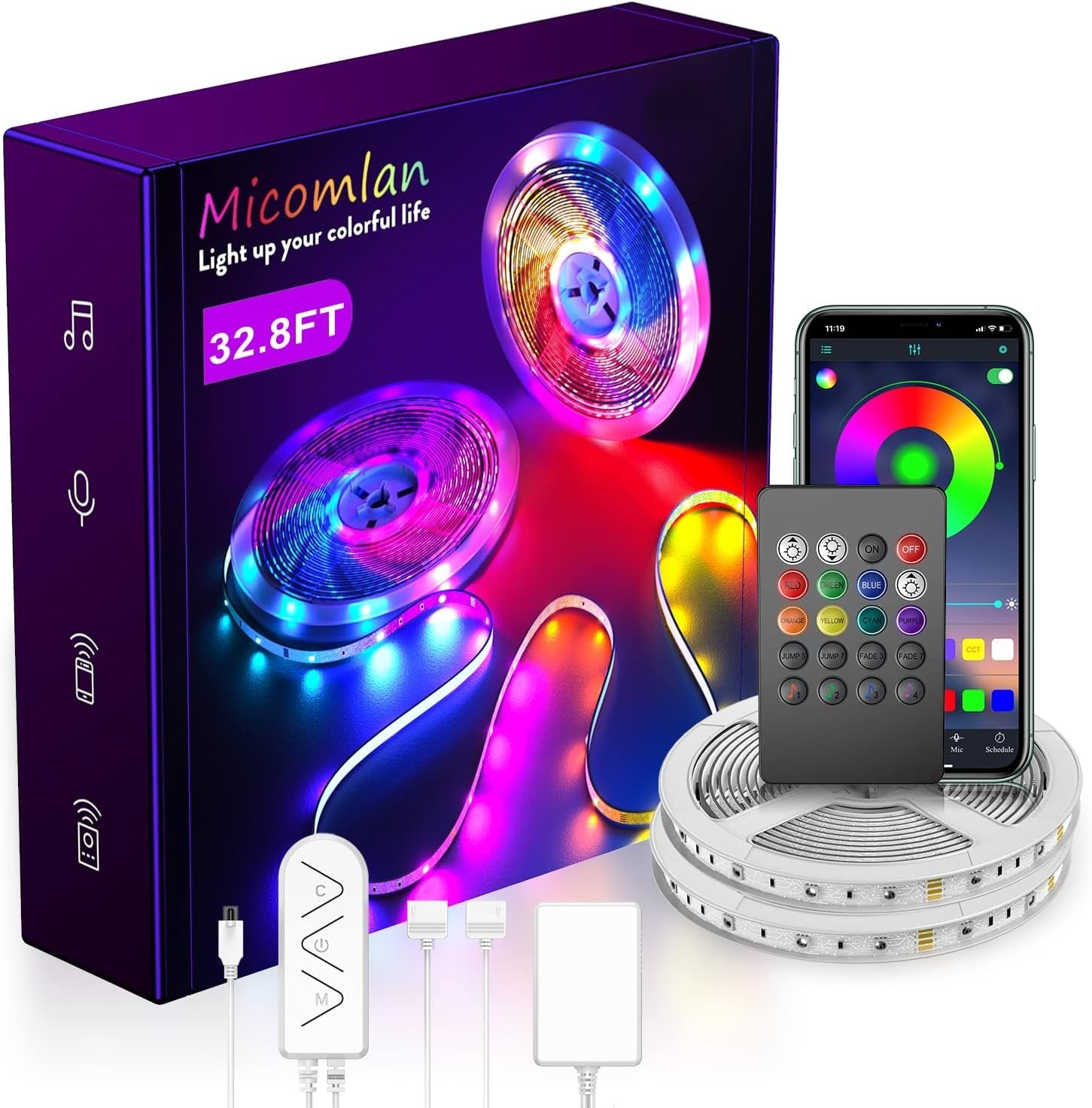 Micomlan 32.8Ft/10M LED Strip Lights,Music Sync Color Changing RGB LED Strip Built - In Mic, Bluetooth App Controlled LED Lights Rope Lights, 5050 RGB LED Light Strip(App+Remote+Mic+3 Button) (32.8FT) - Simply Just Deals LLCMicomlan 32.8Ft/10M LED Strip Lights,Music Sync Color Changing RGB LED Strip Built - In Mic, Bluetooth App Controlled LED Lights Rope Lights, 5050 RGB LED Light Strip(App+Remote+Mic+3 Button) (32.8FT)4d9b6ca7-5030-4709-9011-6d2cc83c60ceMicomlan 32.8Ft/10M LED Strip Lights,Mus
