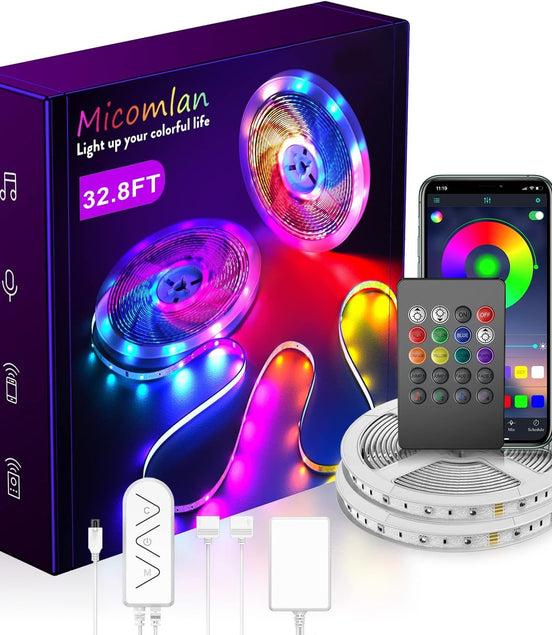 Micomlan 32.8Ft/10M LED Strip Lights,Music Sync Color Changing RGB LED Strip Built - In Mic, Bluetooth App Controlled LED Lights Rope Lights, 5050 RGB LED Light Strip(App+Remote+Mic+3 Button) (32.8FT) - Simply Just Deals LLCMicomlan 32.8Ft/10M LED Strip Lights,Music Sync Color Changing RGB LED Strip Built - In Mic, Bluetooth App Controlled LED Lights Rope Lights, 5050 RGB LED Light Strip(App+Remote+Mic+3 Button) (32.8FT)4d9b6ca7-5030-4709-9011-6d2cc83c60ceMicomlan 32.8Ft/10M LED Strip Lights,Mus