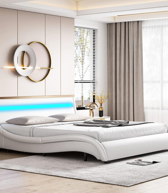 Modern Upholstered Platform Bed Frame with LED Lights and Curved Headboard, Faux Leather Wave - Like Platform Bed Frame,Strong Wood Slats Support, Easy Assembly, White, King Size - Simply Just Deals LLCModern Upholstered Platform Bed Frame with LED Lights and Curved Headboard, Faux Leather Wave - Like Platform Bed Frame,Strong Wood Slats Support, Easy Assembly, White, King Size131ddab4-2350-4d45-9c2d-e0270117f609Modern Upholstered Platform Bed Frame with LED Lights and Curved Headboard, Faux Lea