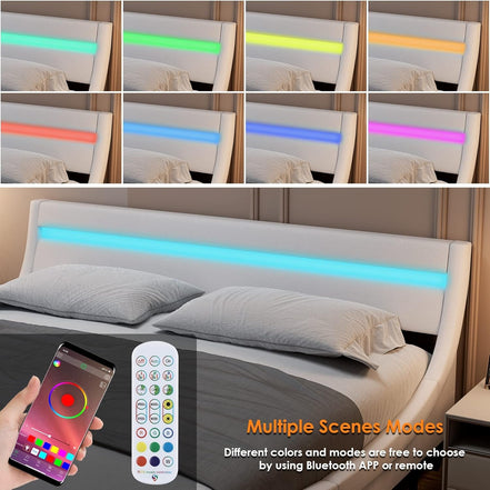 Modern Upholstered Platform Bed Frame with LED Lights and Curved Headboard, Faux Leather Wave - Like Platform Bed Frame,Strong Wood Slats Support, Easy Assembly, White, King Size - Simply Just Deals LLCModern Upholstered Platform Bed Frame with LED Lights and Curved Headboard, Faux Leather Wave - Like Platform Bed Frame,Strong Wood Slats Support, Easy Assembly, White, King Size131ddab4-2350-4d45-9c2d-e0270117f609Modern Upholstered Platform Bed Frame with LED Lights and Curved Headboard, Faux Lea