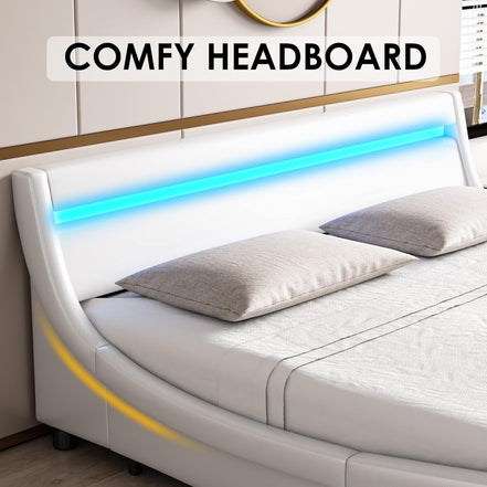 Modern Upholstered Platform Bed Frame with LED Lights and Curved Headboard, Faux Leather Wave - Like Platform Bed Frame,Strong Wood Slats Support, Easy Assembly, White, King Size - Simply Just Deals LLCModern Upholstered Platform Bed Frame with LED Lights and Curved Headboard, Faux Leather Wave - Like Platform Bed Frame,Strong Wood Slats Support, Easy Assembly, White, King Size131ddab4-2350-4d45-9c2d-e0270117f609Modern Upholstered Platform Bed Frame with LED Lights and Curved Headboard, Faux Lea