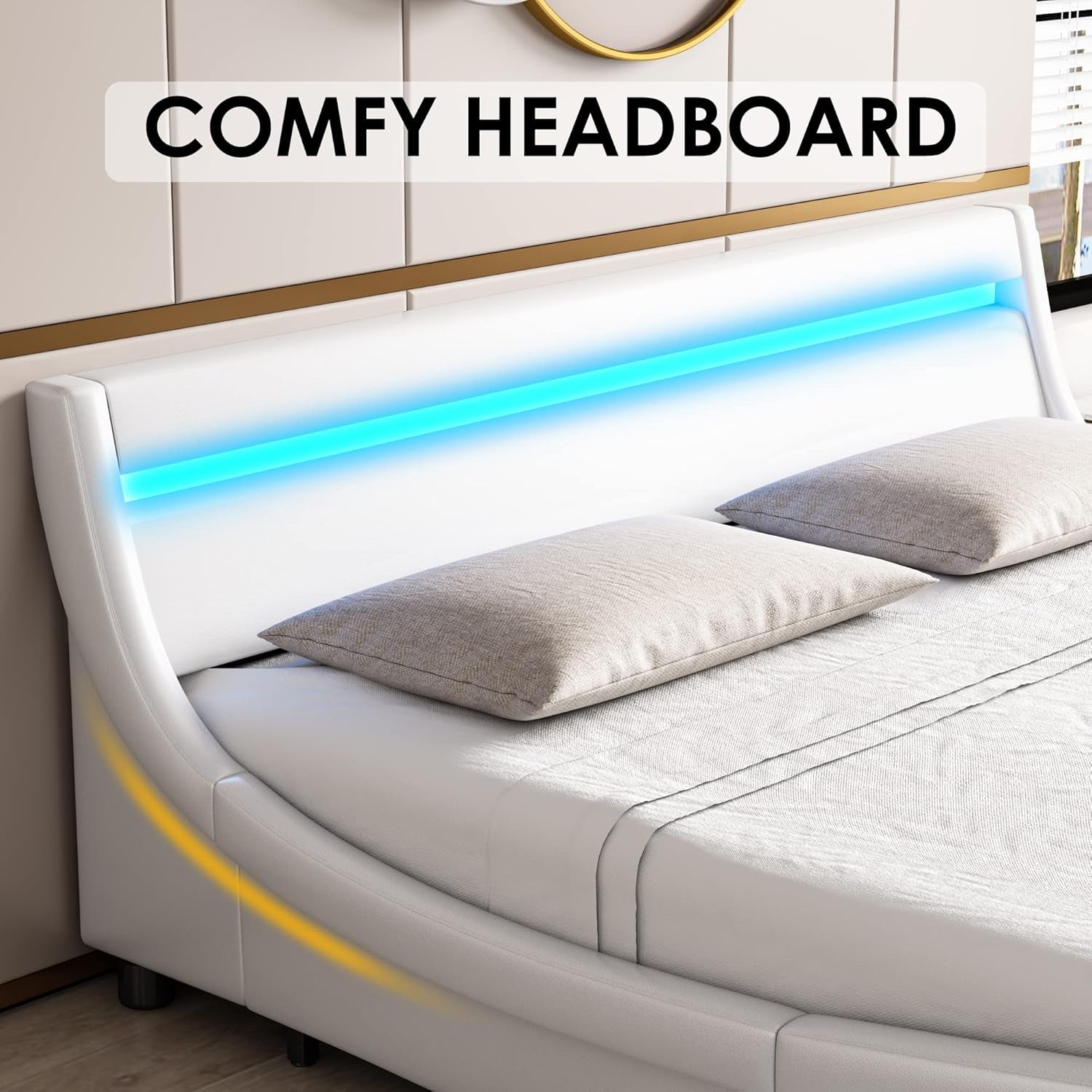 Modern Upholstered Platform Bed Frame with LED Lights and Curved Headboard, Faux Leather Wave - Like Platform Bed Frame,Strong Wood Slats Support, Easy Assembly, White, King Size - Simply Just Deals LLCModern Upholstered Platform Bed Frame with LED Lights and Curved Headboard, Faux Leather Wave - Like Platform Bed Frame,Strong Wood Slats Support, Easy Assembly, White, King Size131ddab4-2350-4d45-9c2d-e0270117f609Modern Upholstered Platform Bed Frame with LED Lights and Curved Headboard, Faux Lea