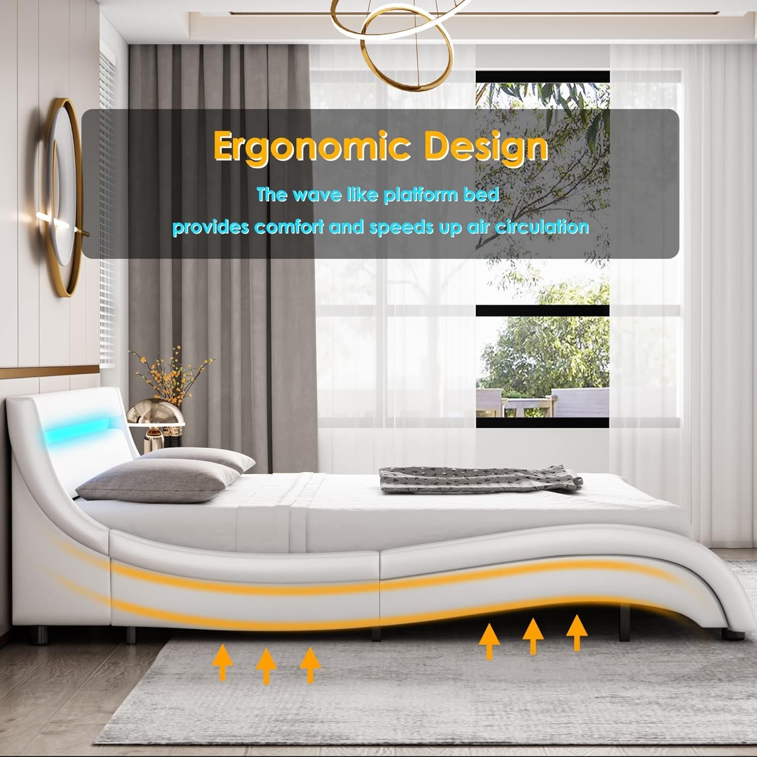 Modern Upholstered Platform Bed Frame with LED Lights and Curved Headboard, Faux Leather Wave - Like Platform Bed Frame,Strong Wood Slats Support, Easy Assembly, White, King Size - Simply Just Deals LLCModern Upholstered Platform Bed Frame with LED Lights and Curved Headboard, Faux Leather Wave - Like Platform Bed Frame,Strong Wood Slats Support, Easy Assembly, White, King Size131ddab4-2350-4d45-9c2d-e0270117f609Modern Upholstered Platform Bed Frame with LED Lights and Curved Headboard, Faux Lea