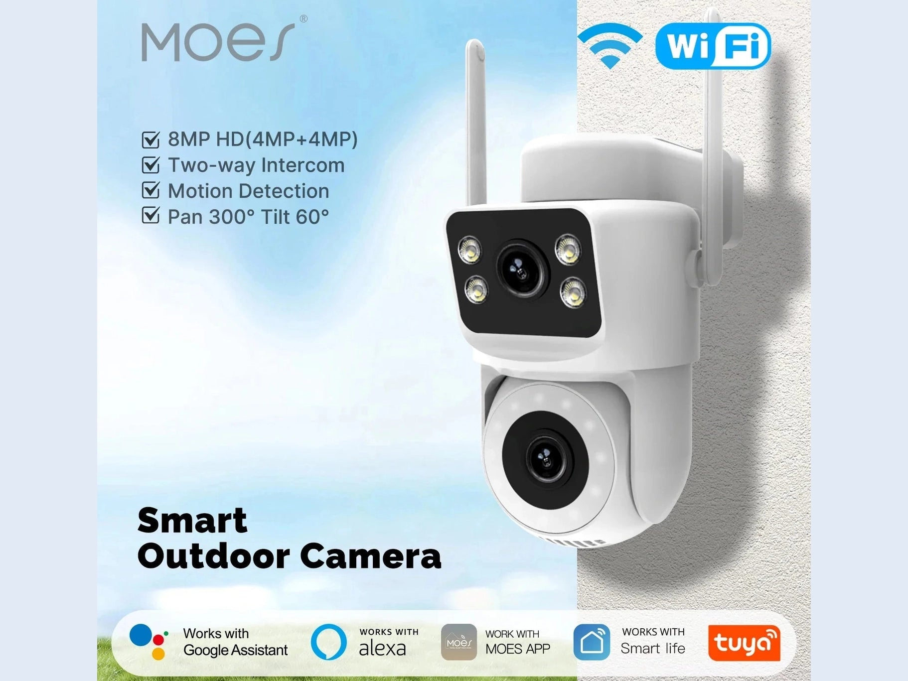 Moes Tuya Smart WiFi Outdoor Security Camera 4MP Dual Screen 2.4G/5G IP65 Waterproof Motion Detection Auto Track Two - Way Audio - Simply Just Deals LLCMoes Tuya Smart WiFi Outdoor Security Camera 4MP Dual Screen 2.4G/5G IP65 Waterproof Motion Detection Auto Track Two - Way Audio200000828:201335940WiFi Smart Camera;200007763:201336100WiFi Smart CameraCHINAMoes Tuya Smart WiFi Outdoor Security Camera 4MP Dual Screen 2.4G/5G IP65 Waterproof Motion Detection Auto Track Two - Way Audio