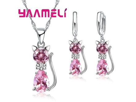Real 925 Sterling Silver Color Jewelry Sets for Woman Girls Shining Austrian Crystal Cute Cat Pendant Necklace Huggie Earring - Simply Just Deals LLCReal 925 Sterling Silver Color Jewelry Sets for Woman Girls Shining Austrian Crystal Cute Cat Pendant Necklace Huggie Earring200001033:200003759PinkPinkReal 925 Sterling Silver Color Jewelry Sets for Woman Girls Shining Austrian Crystal Cute Cat Pendant Necklace Huggie Earring