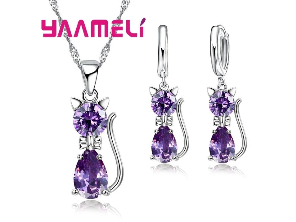 Real 925 Sterling Silver Color Jewelry Sets for Woman Girls Shining Austrian Crystal Cute Cat Pendant Necklace Huggie Earring - Simply Just Deals LLCReal 925 Sterling Silver Color Jewelry Sets for Woman Girls Shining Austrian Crystal Cute Cat Pendant Necklace Huggie Earring200001033:361181PurplePurpleReal 925 Sterling Silver Color Jewelry Sets for Woman Girls Shining Austrian Crystal Cute Cat Pendant Necklace Huggie Earring